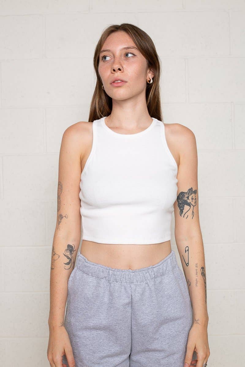 Hi Neck Crop Tank - White