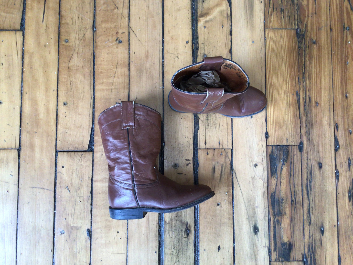 Brown leather cowboy boots
