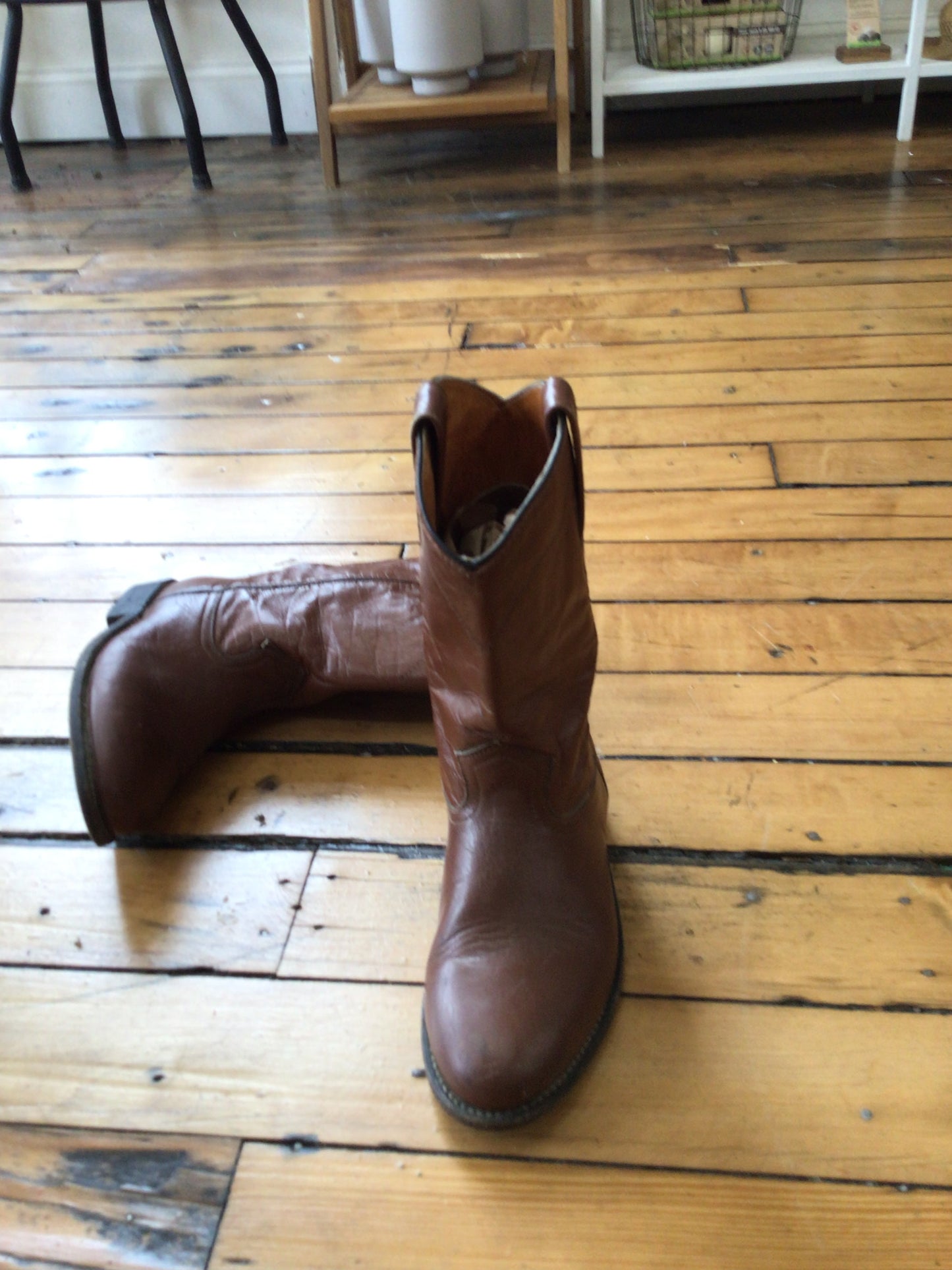 Brown leather cowboy boots