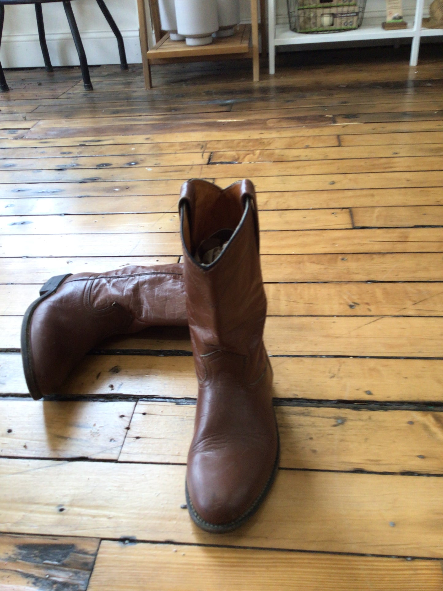 Brown leather cowboy boots