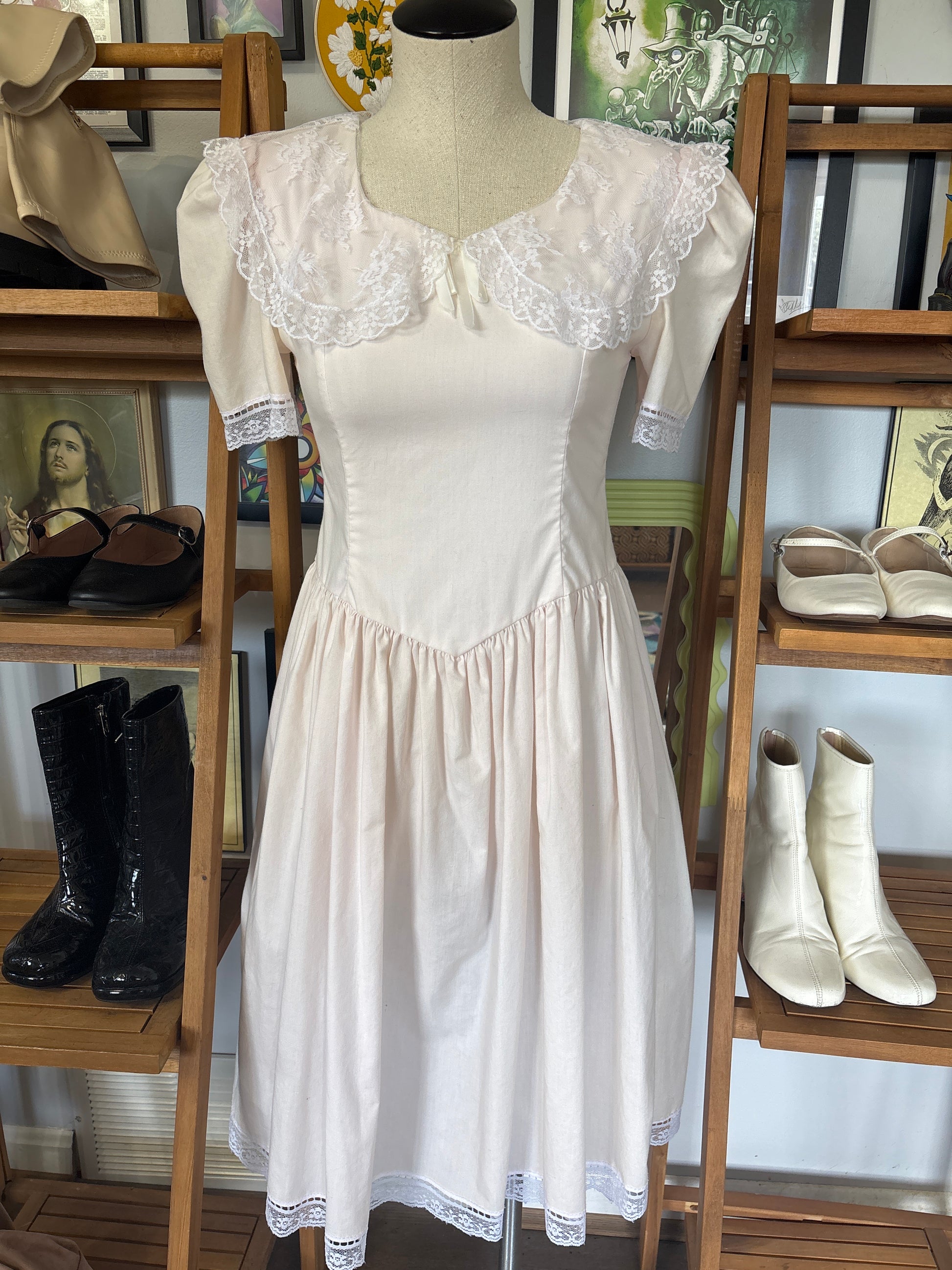 Vintage Gunne Sax Prairie Dress, Pink Lace, Size Small