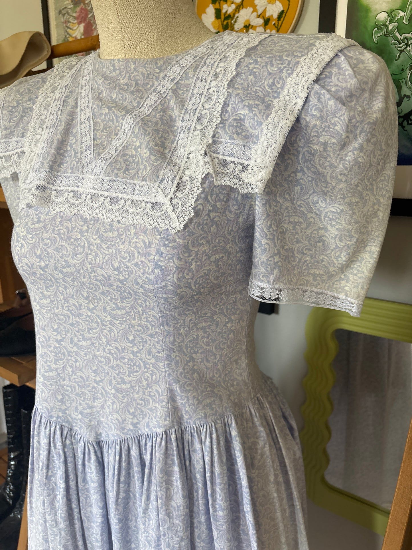 Vintage Gunne Sax tea length prairie dress in light blue, view 2