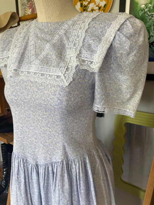 Vintage Gunne Sax tea length prairie dress in light blue, view 2