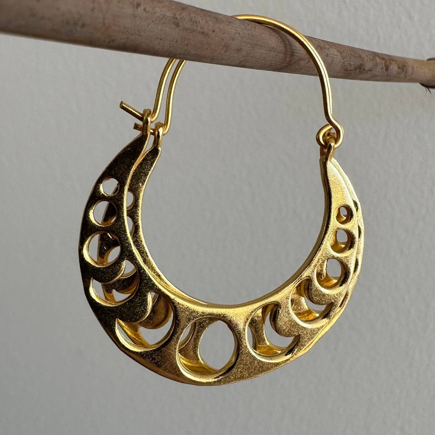 Moon phase gold dangle earrings by Anokhi Green, view 3