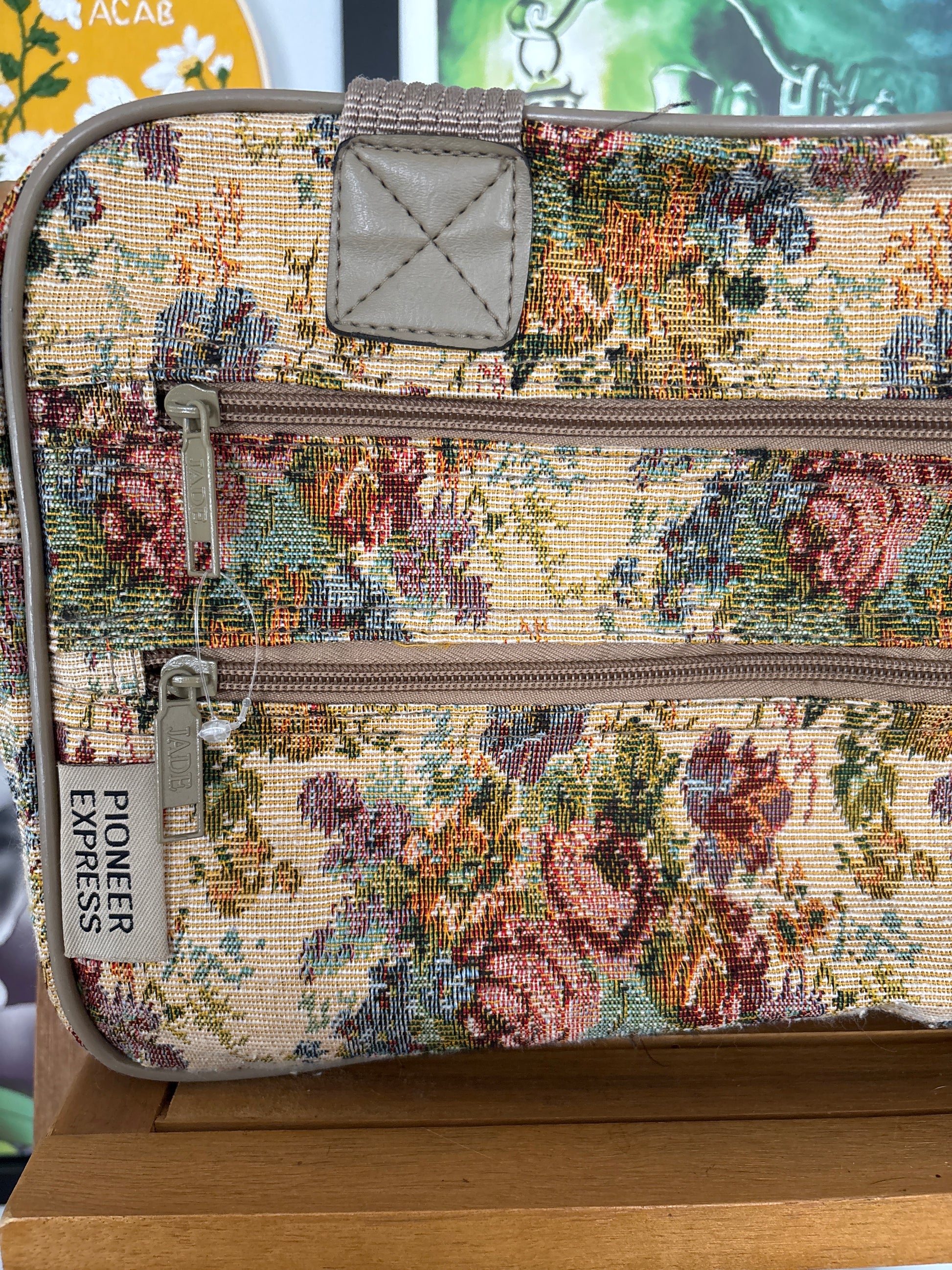 Vintage Pioneer Express tapestry carpet bag with structured frame — view 3