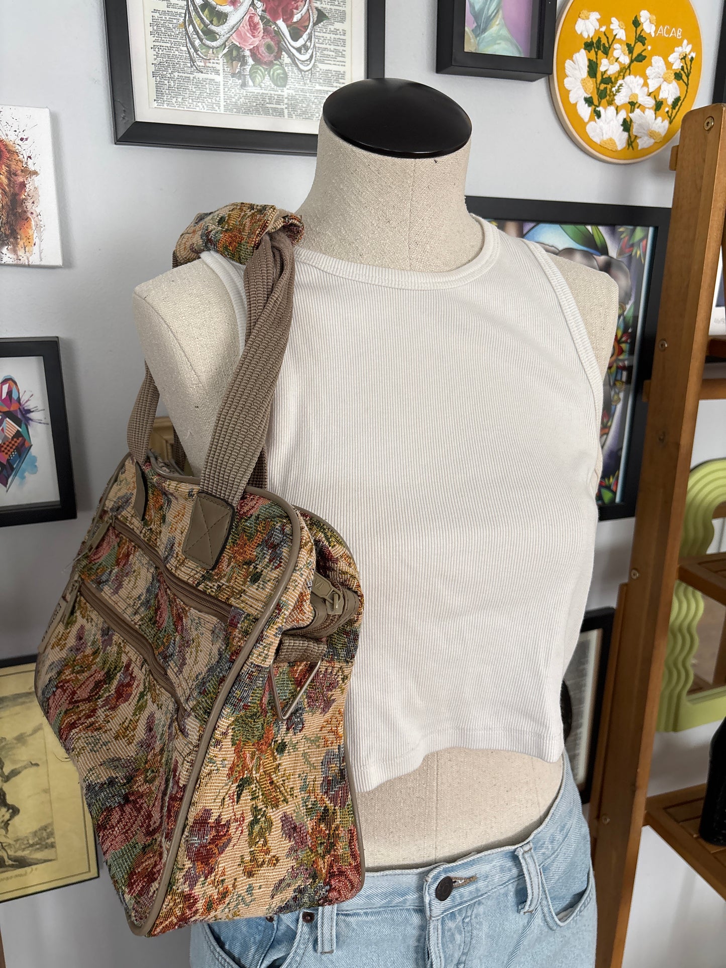 Vintage Pioneer Express tapestry carpet bag with structured frame — view 2