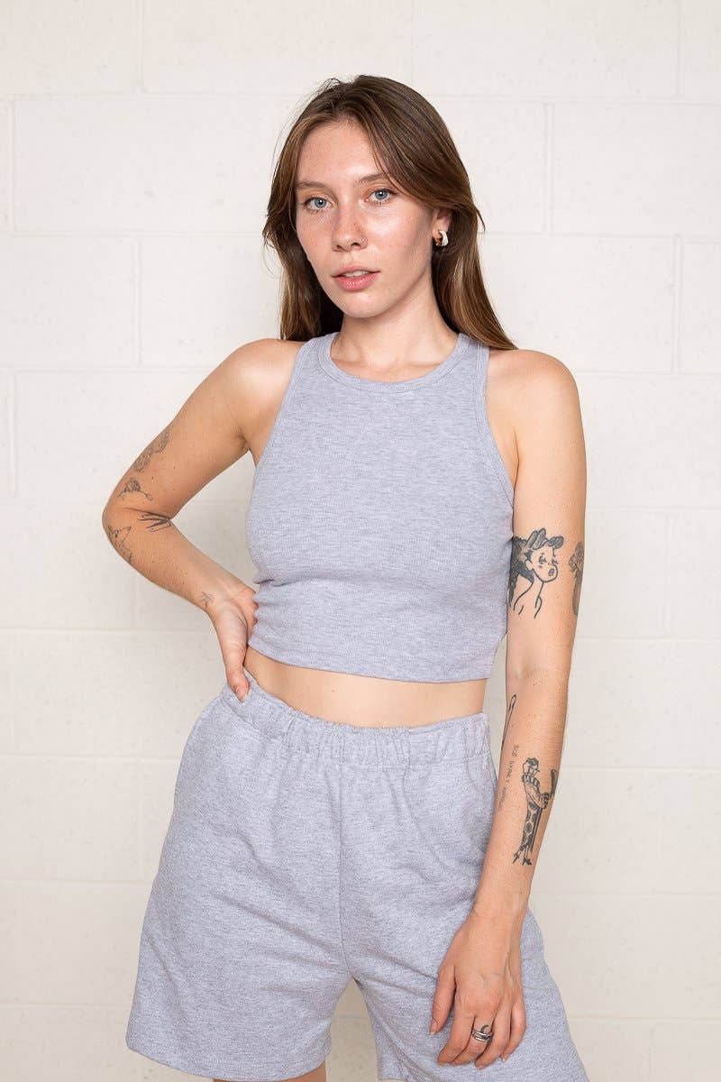 Hi Neck Crop Tank - Heather Grey