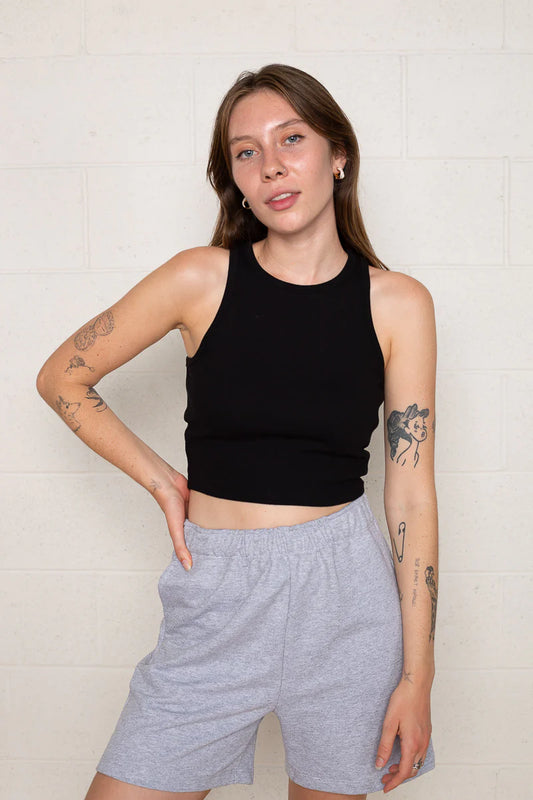 Hi Neck Crop Tank - Black