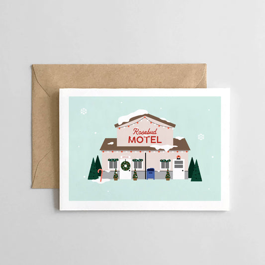 Rosebud Motel wintery scene holiday card by Spaghetti & Meatballs