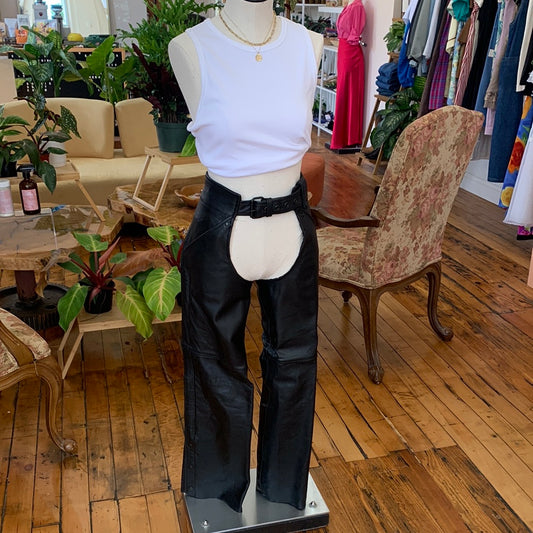 Vintage leather motorcycle chaps, 34-inch waist